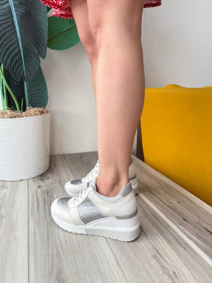 Romy Shiny White Heeled Sneaker - Stela The Shoetique